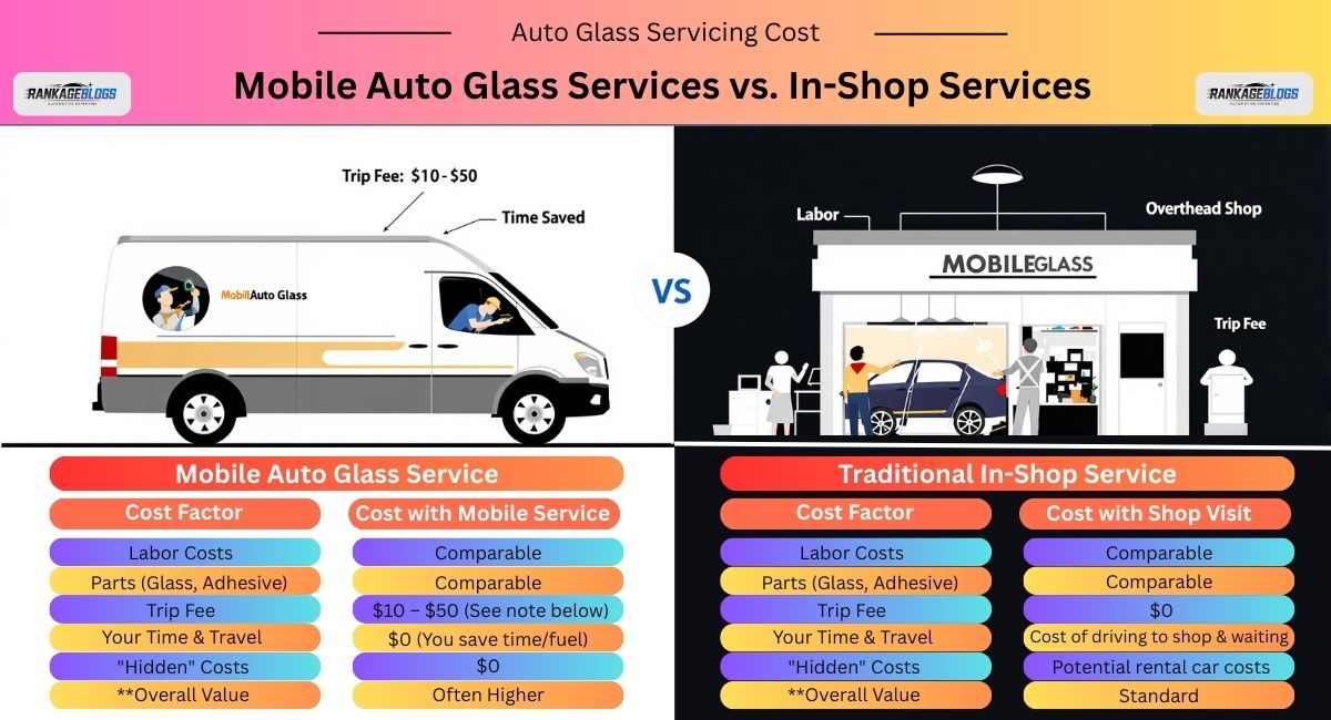 "Infographic comparing mobile auto glass service vs traditional in-shop service, highlighting trip fees, overhead costs, and time savings for windshield repair."