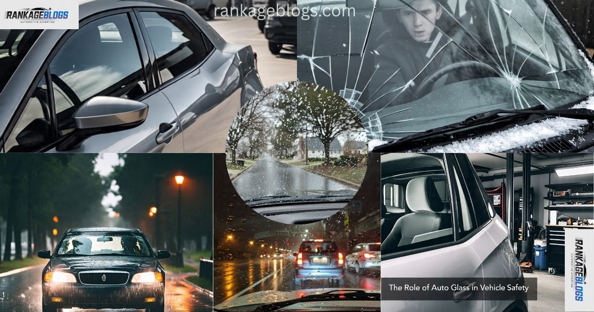 "Collage showing the role of auto glass in vehicle safety: includes a new clean windshield, a car driving in rain with clear visibility, a cracked windshield from outside view, a shiny car on the road with a spotless screen, a night-time rain drive with clear road view, and a car in a workshop for glass repair."