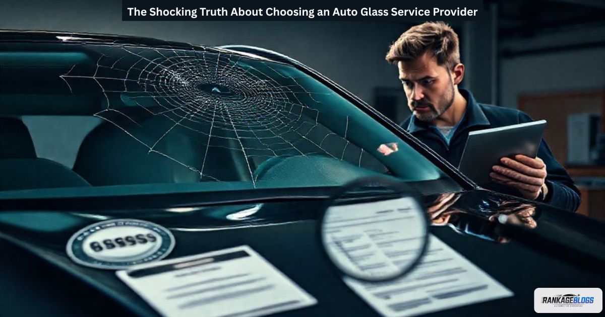 Concerned car owner inspecting windshield crack while technician performs ADAS calibration, with symbols of auto glass safety like AGSC certification and OEM stamp.