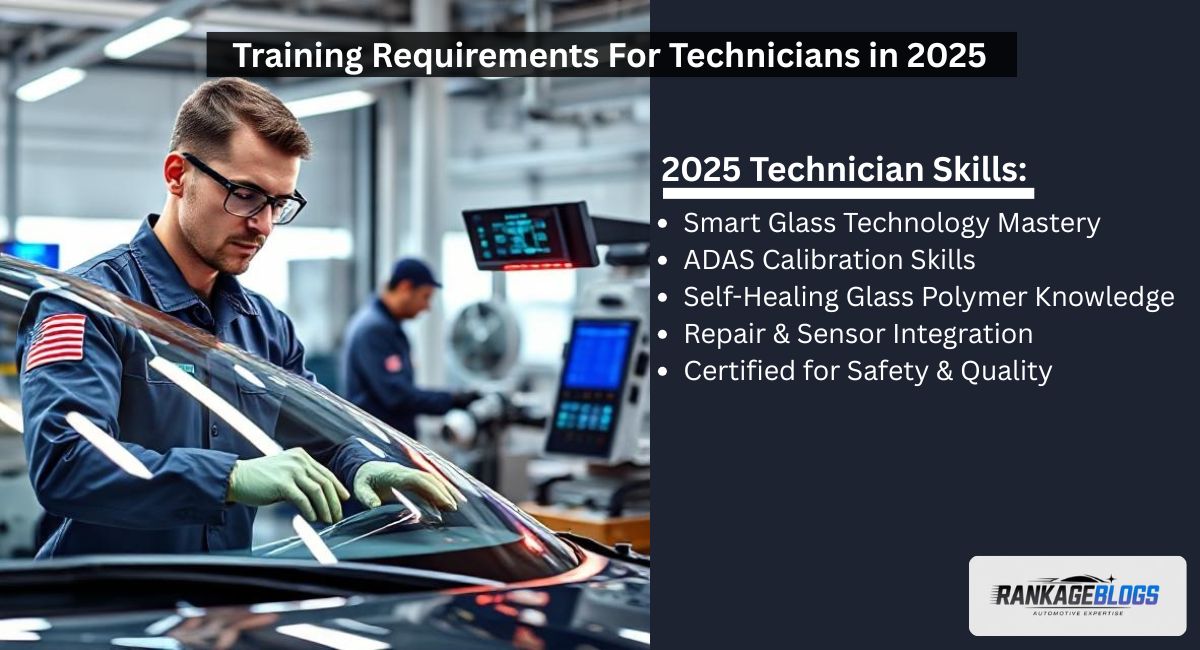 Professional technician in a 2025 auto glass repair training center working on a smart windshield with ADAS sensors and digital calibration display, with futuristic tools in the background.