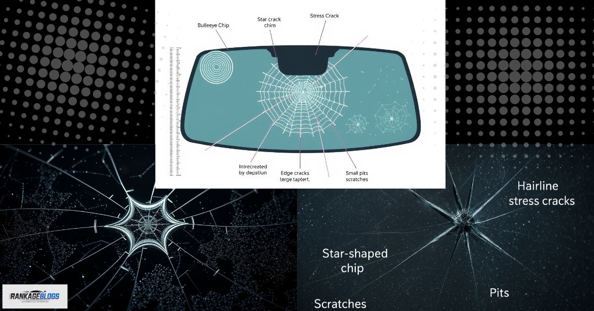 Illustrated guide to types of auto glass damage including chips, cracks, pitting, and scratches with labels and measurements. 