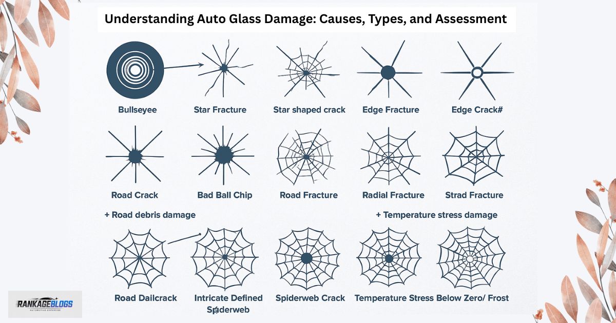 Illustrated guide showing different types of windshield damage including chips, cracks, and pitting with labels and measurements for assessment.