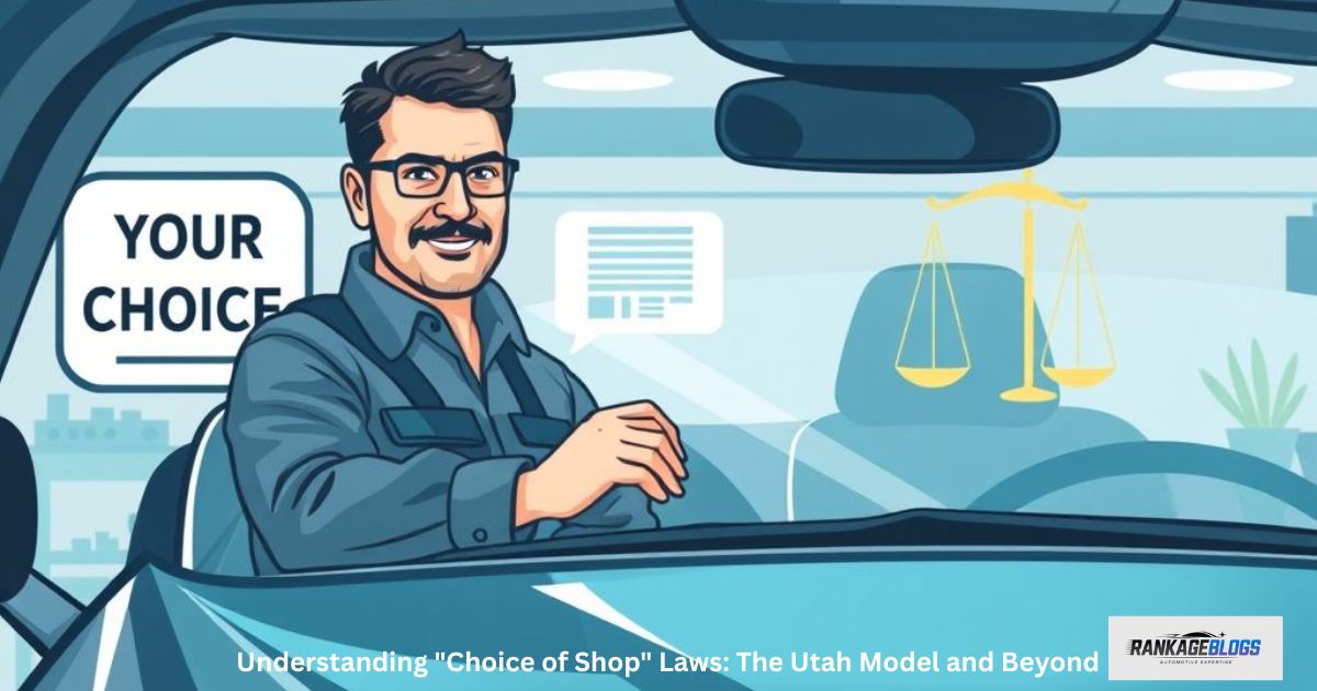 Illustration of a car owner exercising their right to choose an auto glass repair shop under 'choice of shop' laws.