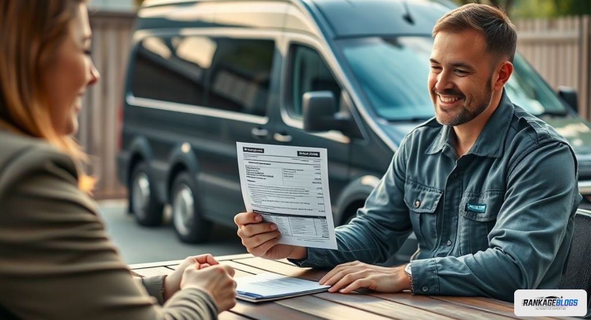 A mobile auto glass technician helps a customer understand their invoice and insurance claim process at their home, providing transparent cost information.