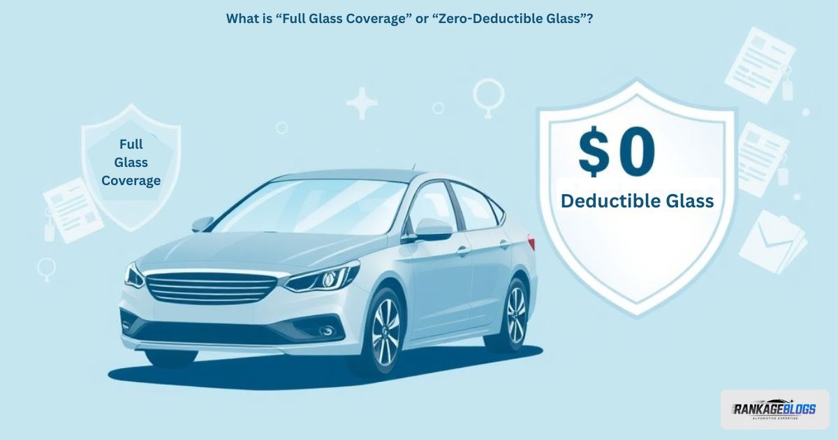 Illustration of zero-deductible full glass insurance showing a car windshield, a shield icon with $0 deductible, and insurance documents.