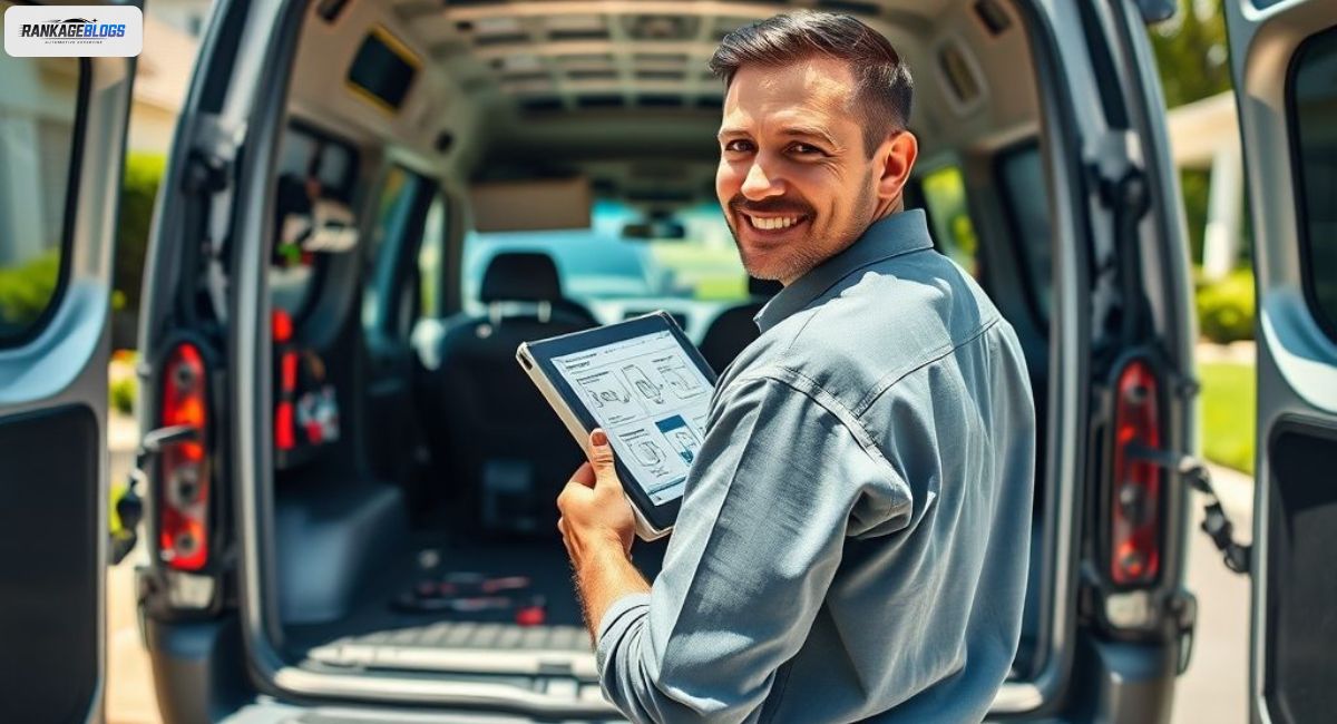A professional mobile auto glass technician smiles at the camera, with his fully-equipped van and a customer's car in the background, demonstrating clear communication and expertise.