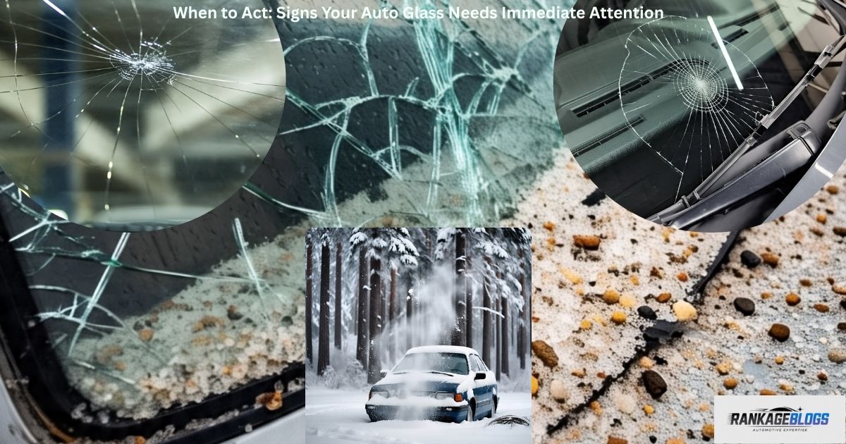 "Three cars with completely shattered front windshields; one damaged vehicle partially covered in snow and ice, highlighting weather-related windshield damage."