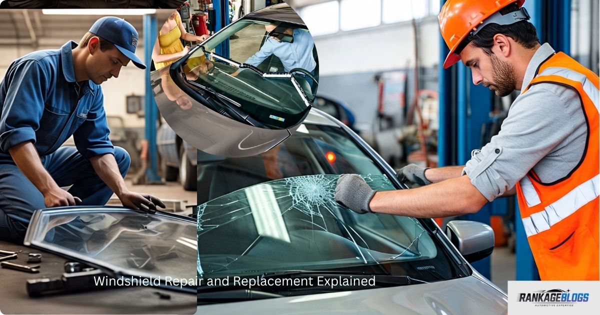 "A collage showing three scenes in an auto repair workshop: In the first, a mechanic repairs a car’s windshield; in the second, a female driver consults with staff during a vehicle inspection; and in the third, another mechanic closely inspects a car’s front damaged windshield."