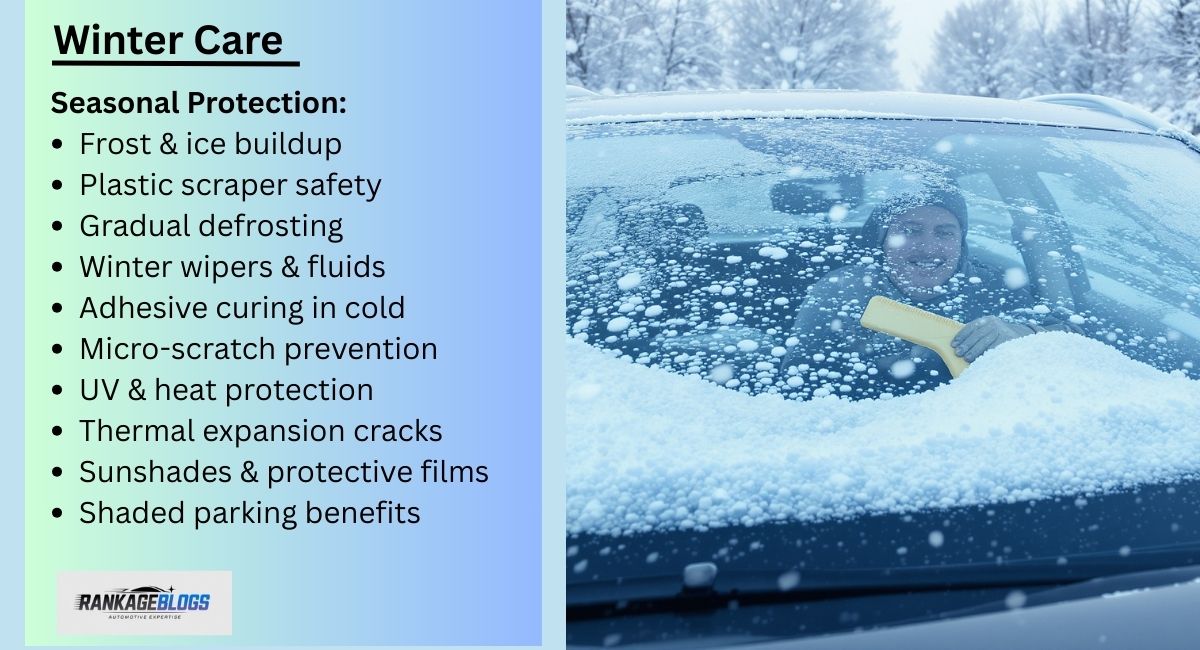 Car windshield in winter with frost and ice being cleared using a plastic scraper and de-icing spray, showing winter wiper blades in action.