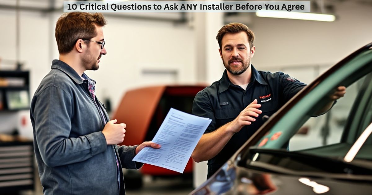 Customer with a checklist asking questions as installer explains by a windshield.