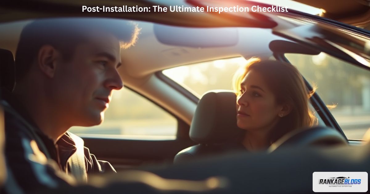 Customer in driver seat carefully inspecting the edges of a new windshield.
