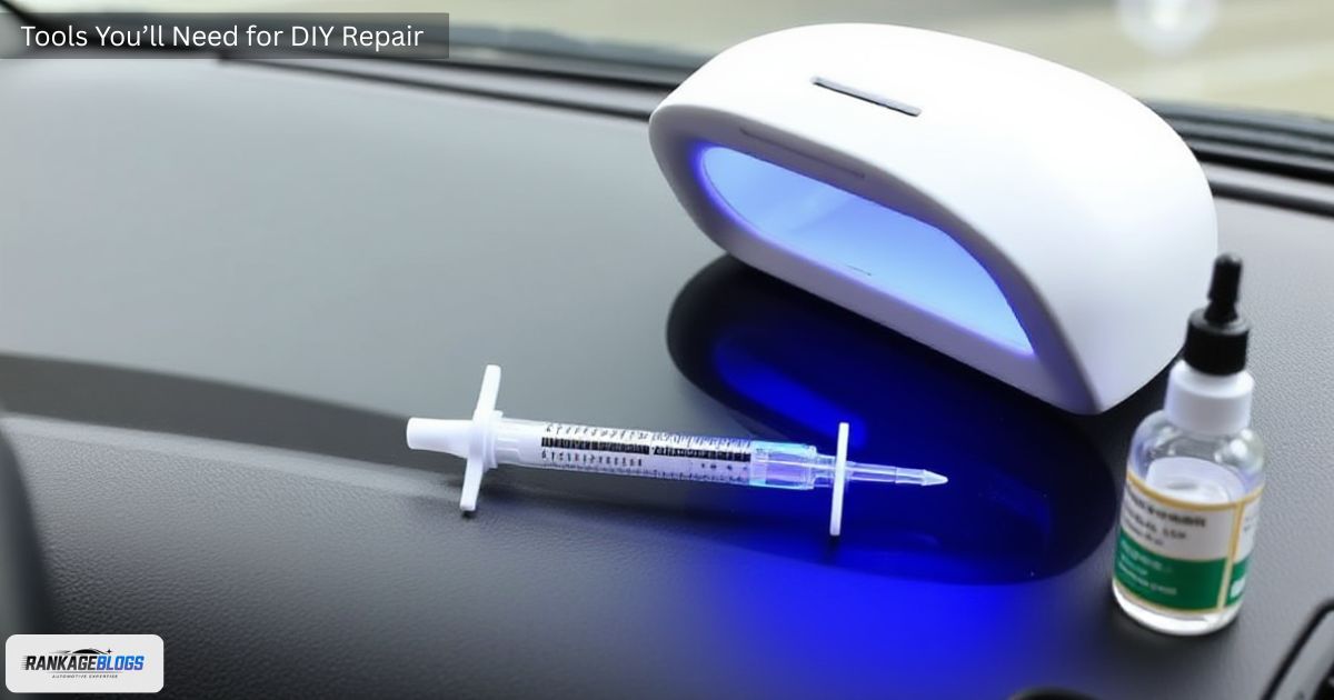 Complete DIY windshield repair kit with resin syringe, UV lamp, and bridge device.