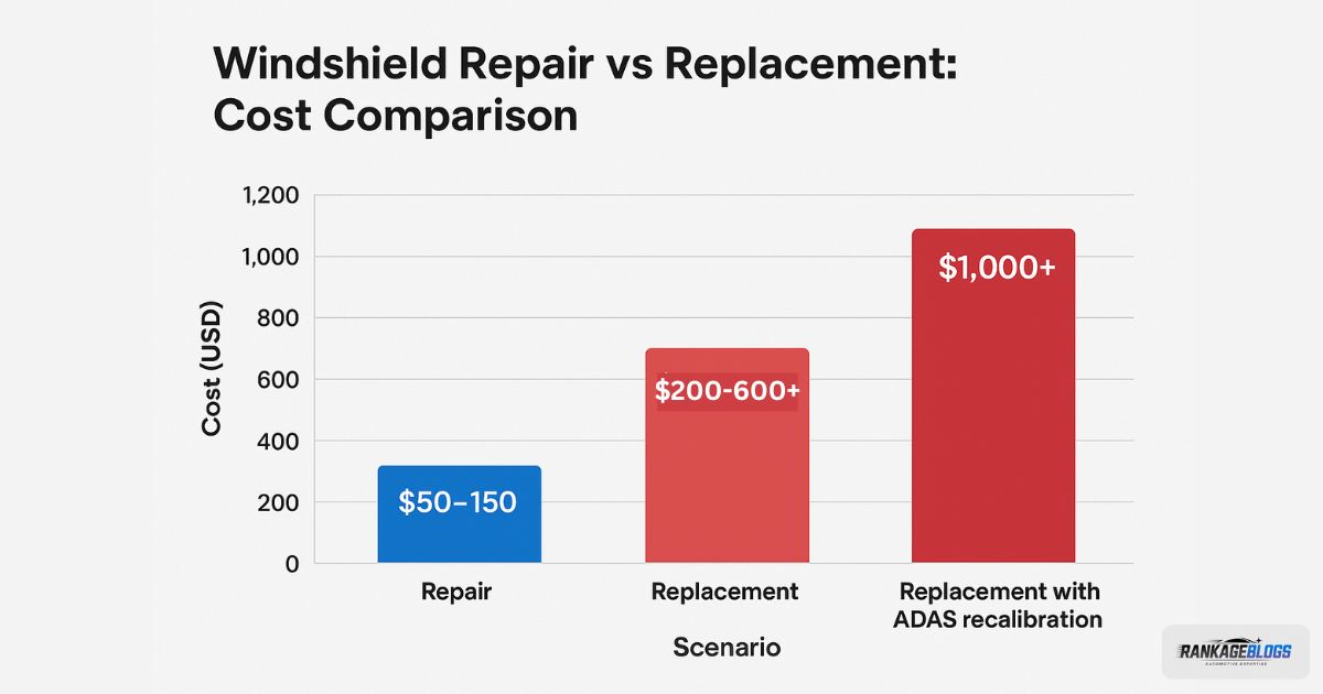 Bar chart comparing windshield repair vs replacement costs.