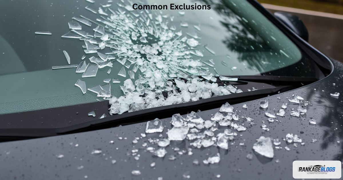 Realistic photo of a hail-shattered windshield with hailstones on the ground.