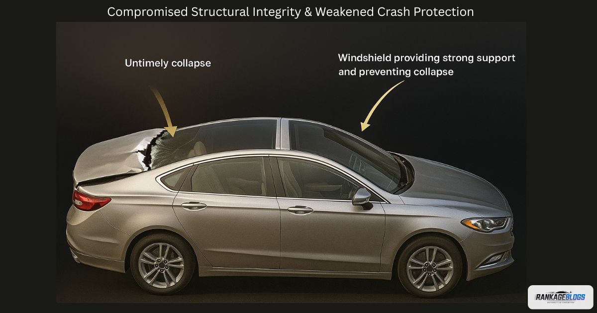 Image comparing vehicle structural integrity with intact vs. cracked windshield in a crash. 