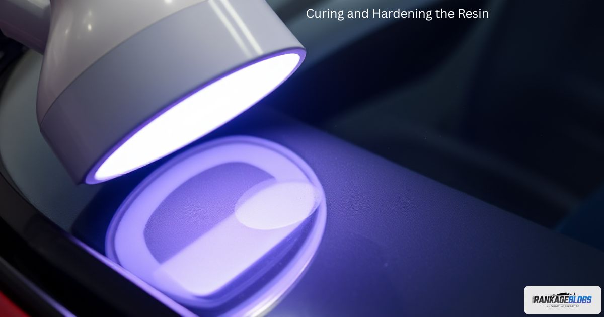 UV lamp curing windshield repair resin to harden the glass.