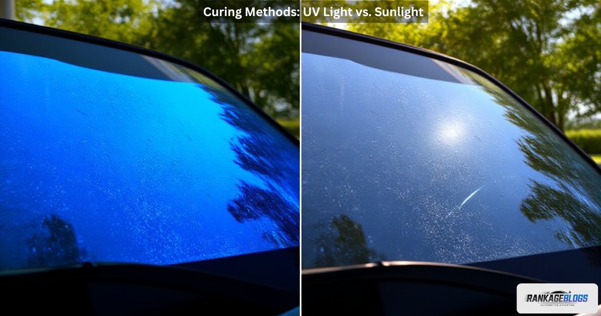 Resin curing process in windshield repair using UV light and sunlight.