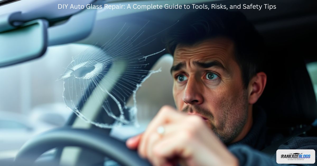 Driver inspecting a small windshield chip, considering DIY auto glass repair options.
