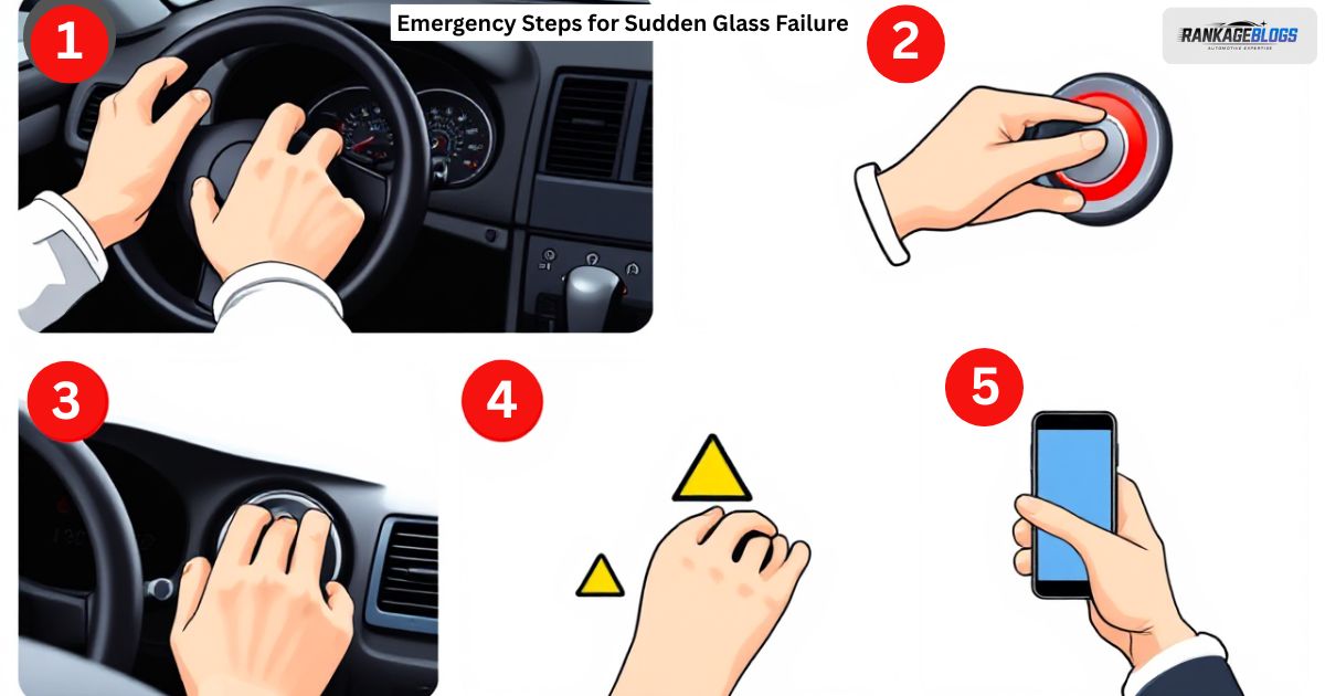 Emergency response icons for sudden windshield glass failure while driving. 