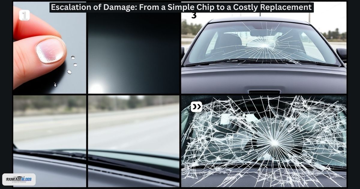Progression series showing how a small chip in damaged auto glass gradually spreads into a major crack, highlighting the importance of timely repair.