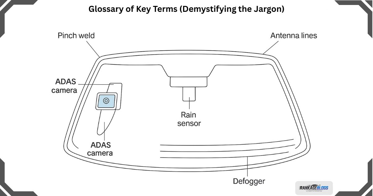 A technical blueprint diagram labeling key parts of a car windshield.