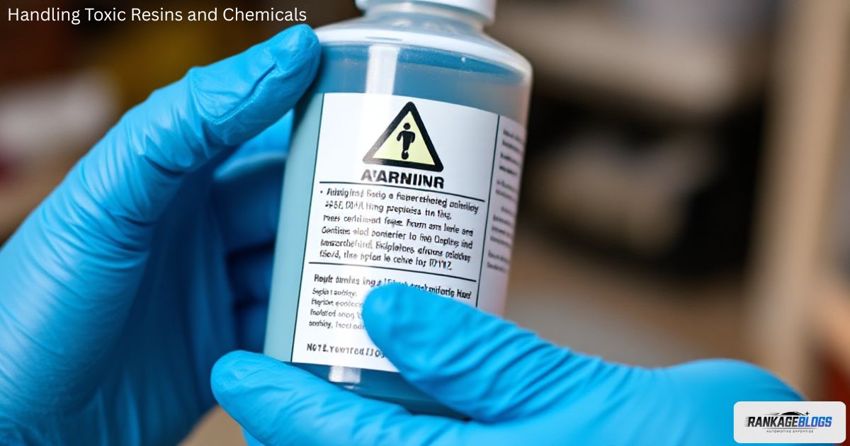 Safe handling of windshield repair resin with gloves to avoid toxic chemical exposure.