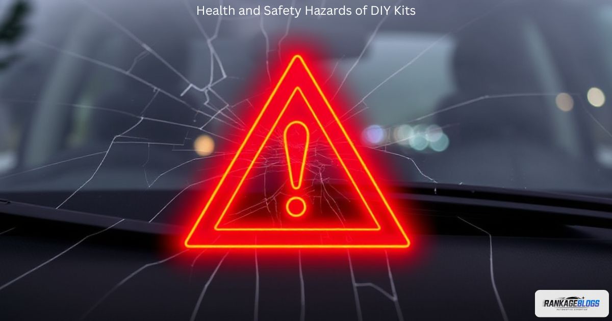 Red hazard warning triangle over DIY windshield repair kit, showing health and safety risks."