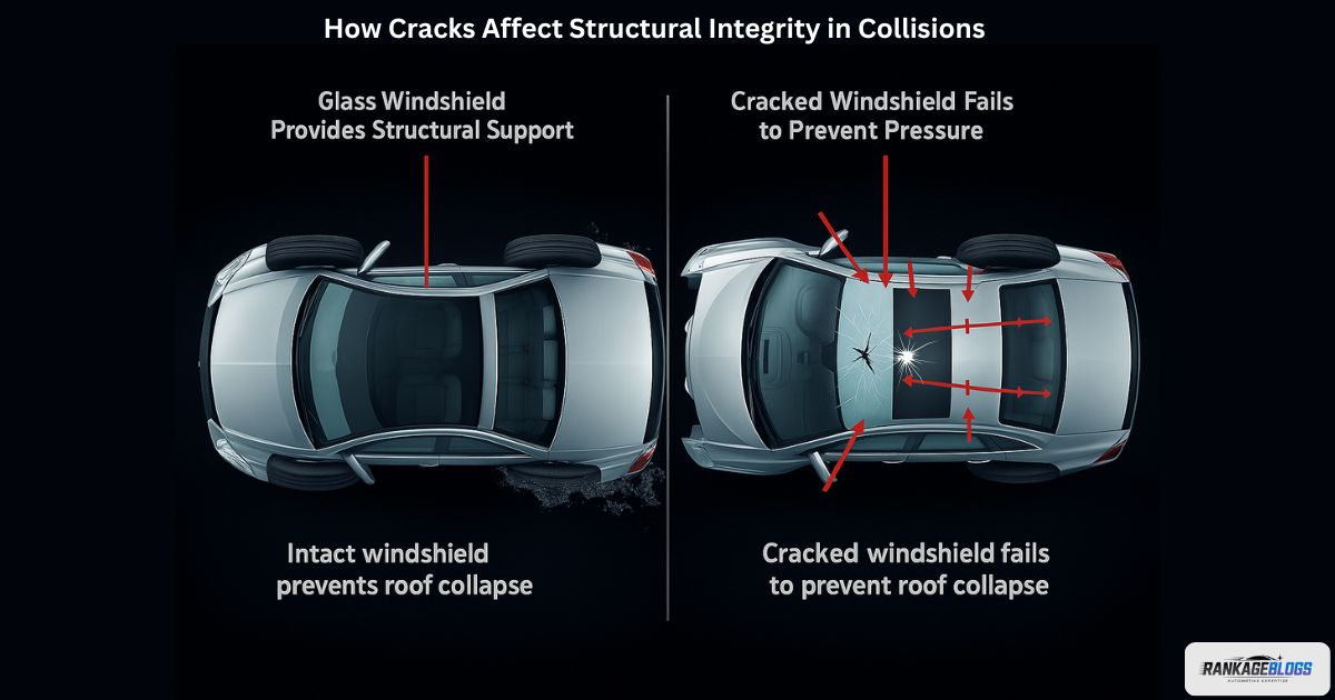 Cutaway diagram comparing vehicle structural integrity during rollover with intact windshield versus cracked windshield that fails to support roof.