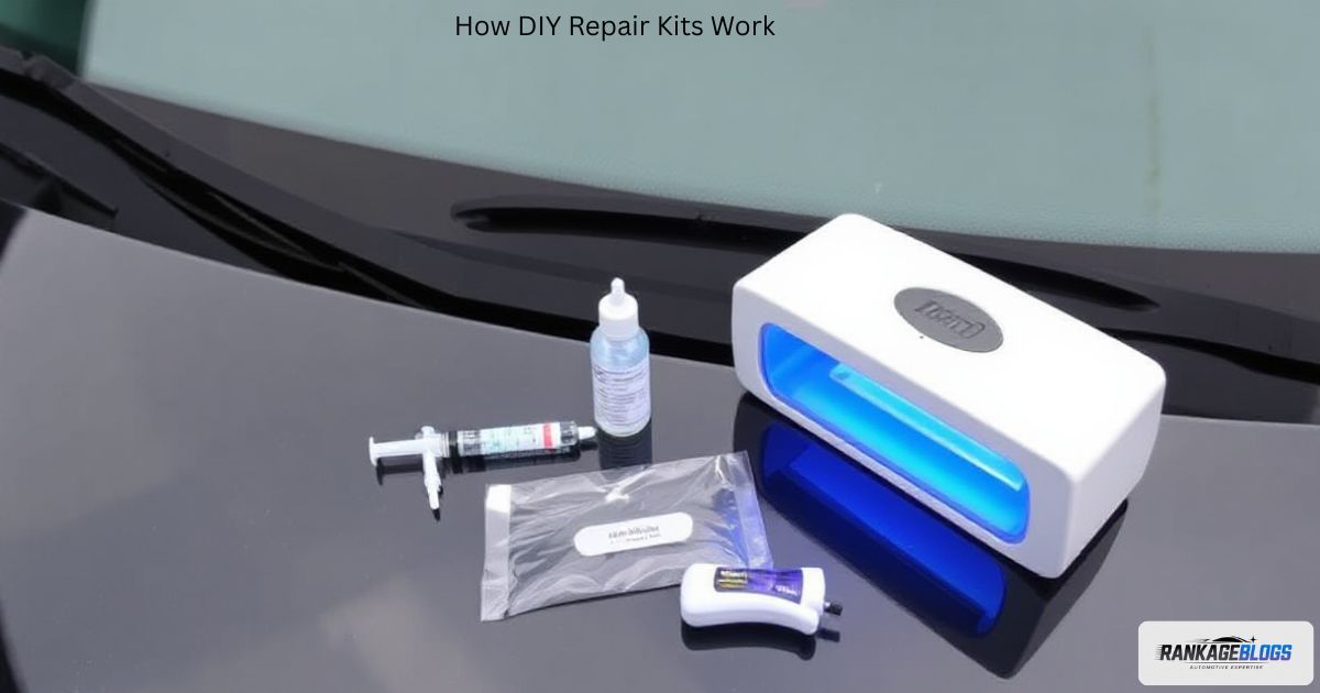 DIY windshield repair kit with resin syringe, bridge tool, and UV curing light.
