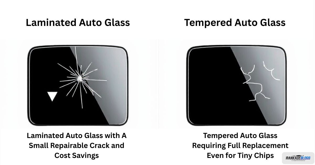 Illustration comparing laminated glass repairable cracks vs tempered glass requiring full replacement.
