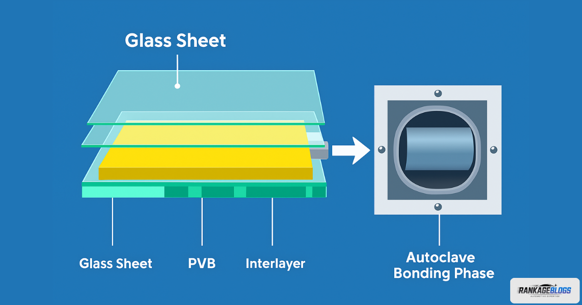 Illustration of laminated glass sandwich manufacturing process with glass sheets, PVB interlayer, heating, and autoclave bonding.