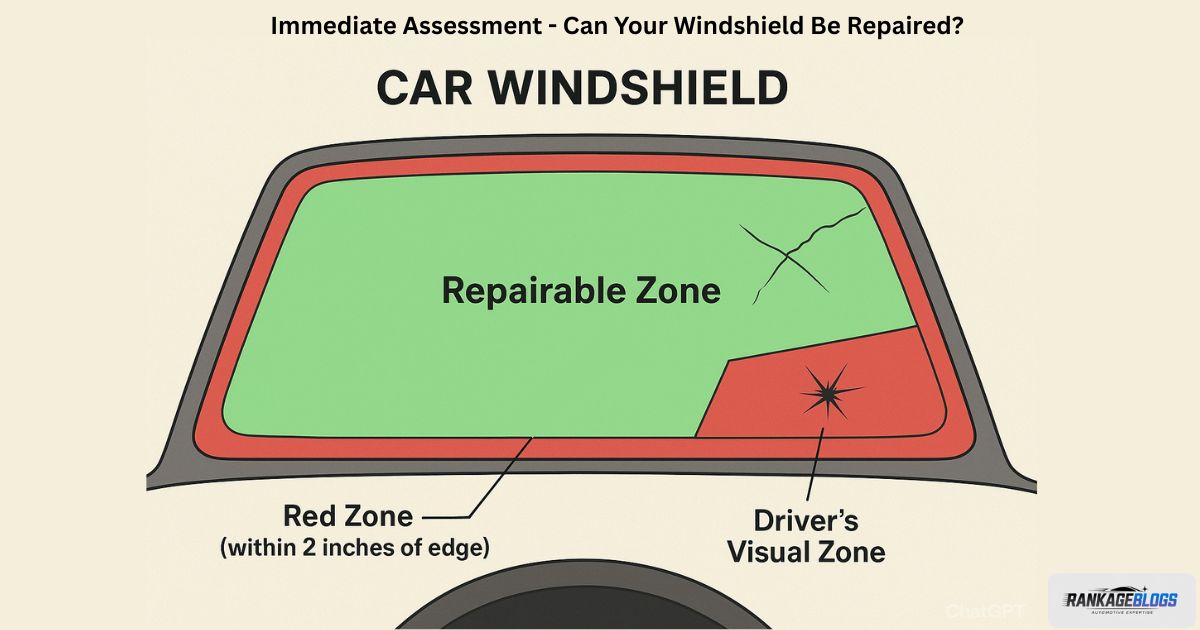 Cross-section diagram of laminated windshield glass showing repairable vs non-repairable damage types based on size, depth, contamination, and crack pattern."
