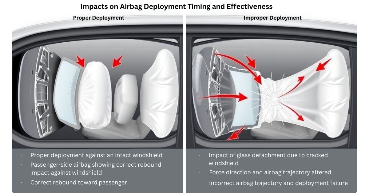 Cutaway diagram comparing correct passenger airbag deployment against intact windshield versus dangerous deployment against compromised glass.