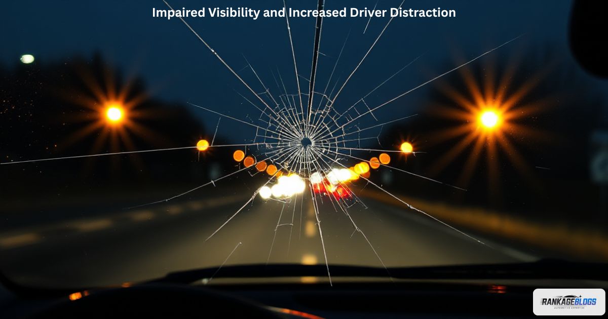 Glare and light distortion caused by a cracked windshield during night driving.