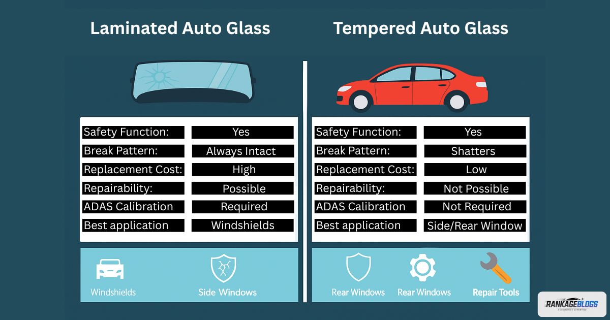 Comparison infographic of laminated vs tempered auto glass showing safety function, break patterns, repairability, and costs.