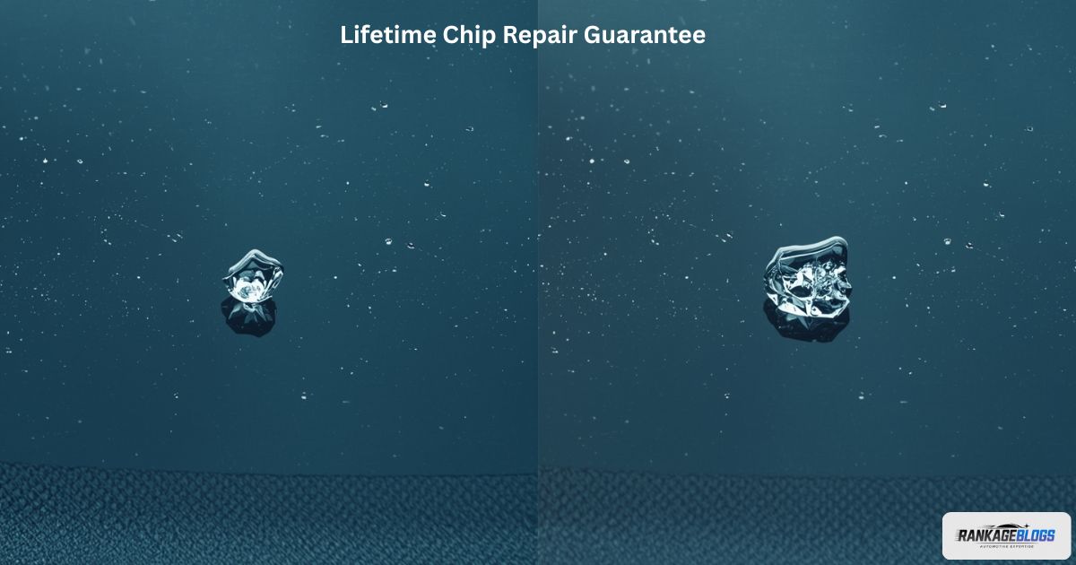 Split-screen comparison of a windshield chip before and after repair.