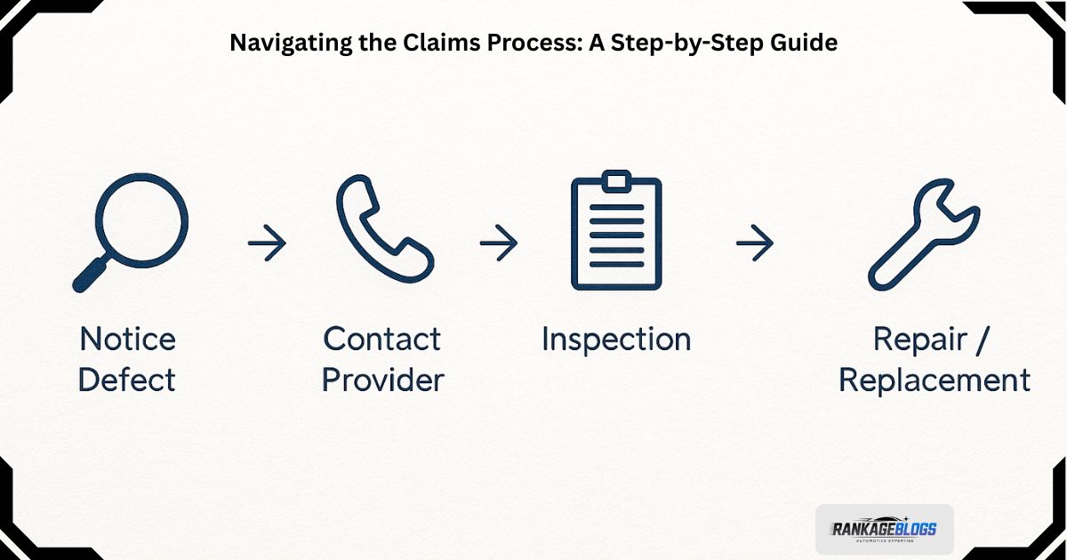 Infographic flowchart of the warranty claims process: Notice, Contact, Inspection, Repair.