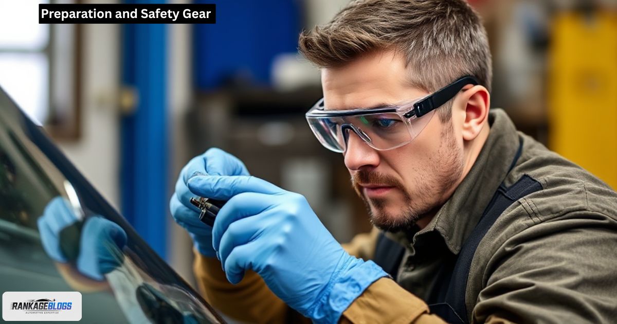 Safety gloves and goggles worn during DIY windshield chip repair.