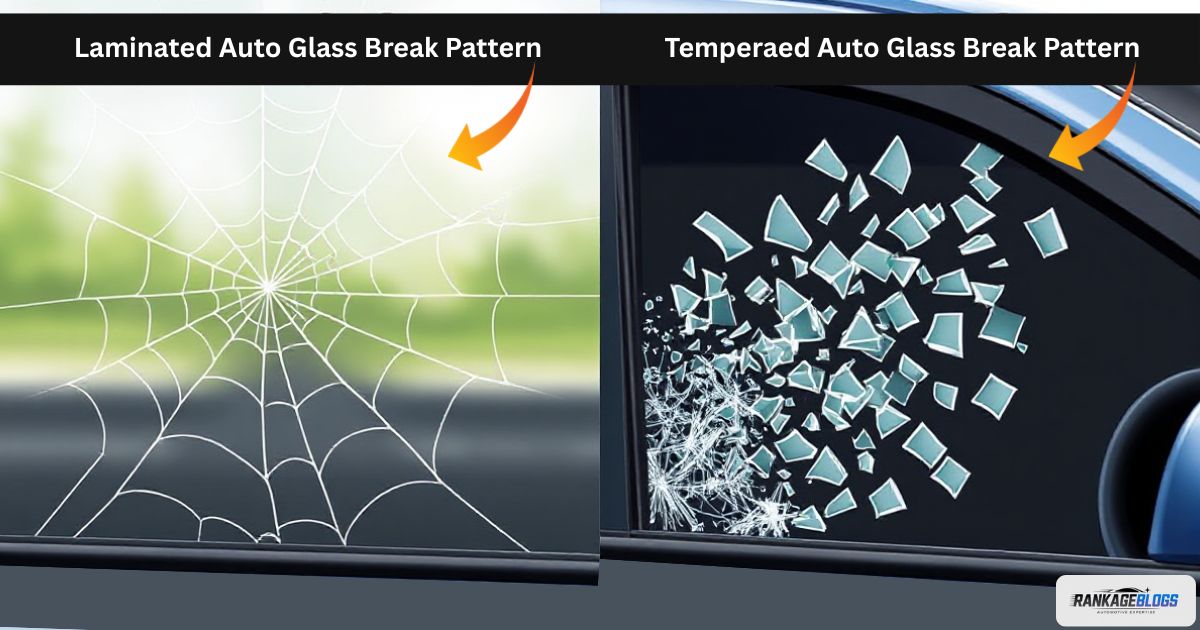 Side-by-side comparison of laminated auto glass spider-web cracks vs. tempered glass shattering into small cubes.