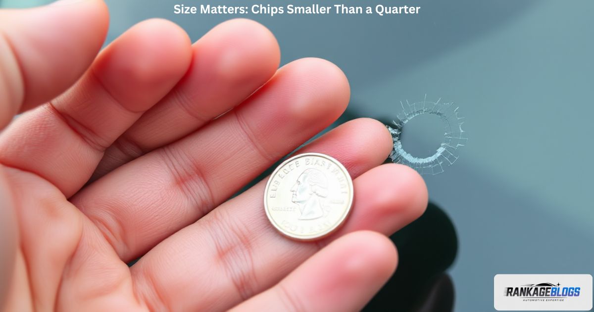 Small windshield chip compared with a quarter coin to check repair eligibility.