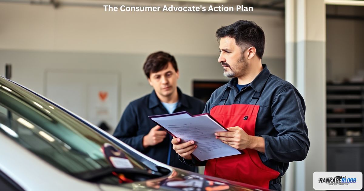 Customer with checklist asking questions to a mechanic beside a car.