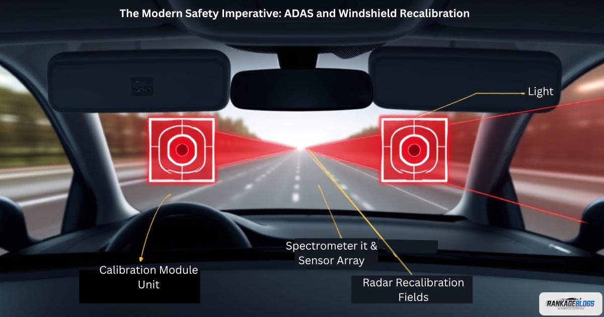 Modern car windshield with ADAS camera and sensor housing shown behind mirror, with calibration targets demonstrating precise alignment requirements.