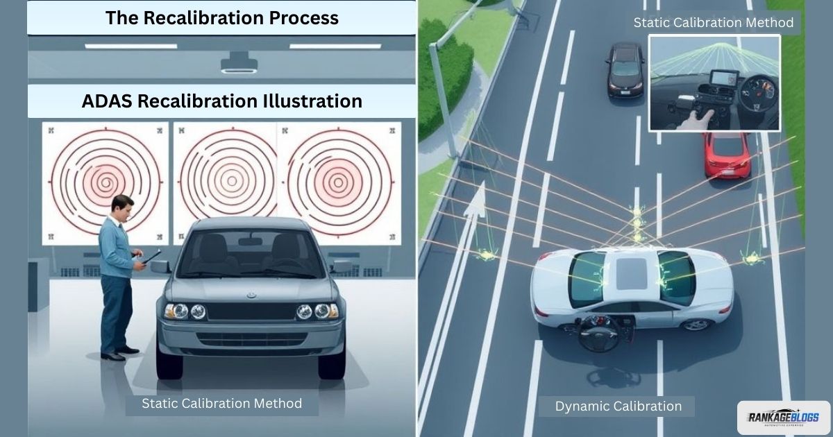 Split image comparing static shop calibration using target boards versus dynamic road calibration for vehicle ADAS system recalibration.