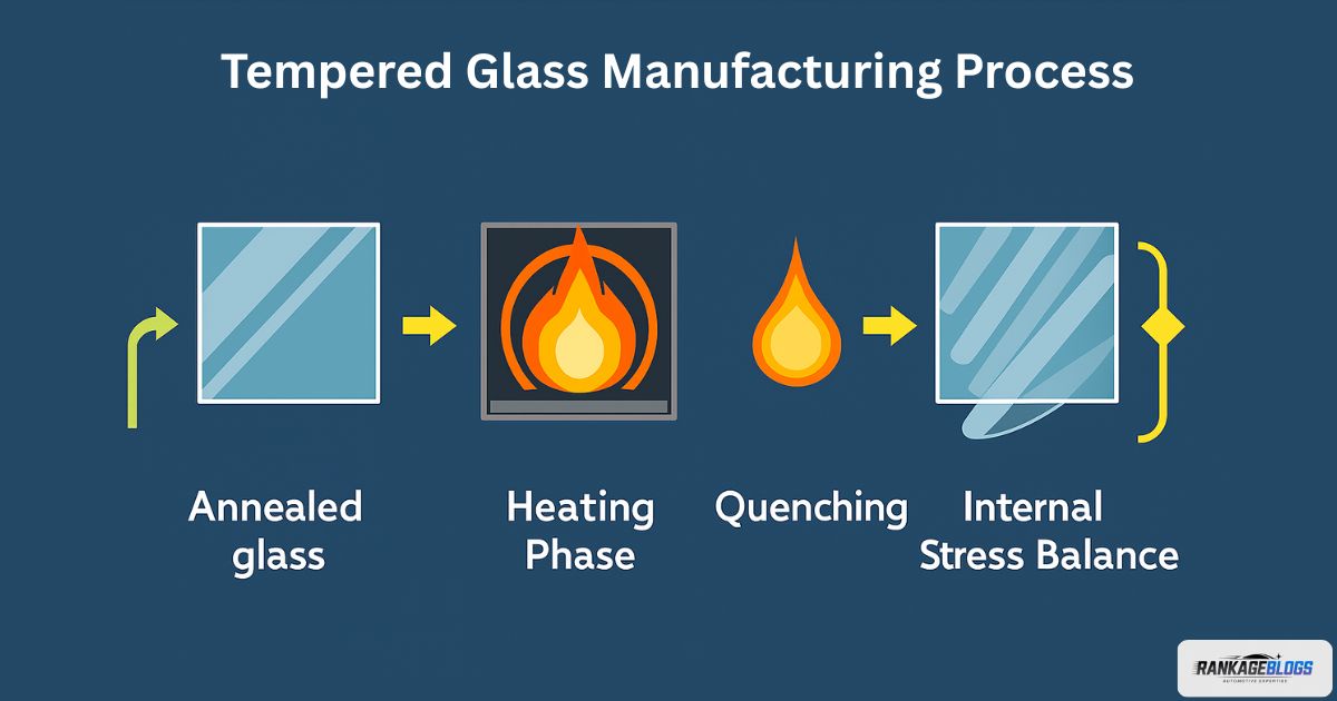 Infographic of tempered glass manufacturing showing heating, quenching, and stress balance process.