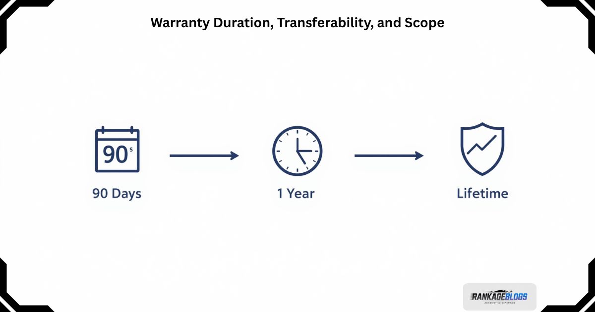 Infographic timeline showing warranty durations: 90 days, 1 year, and Lifetime.