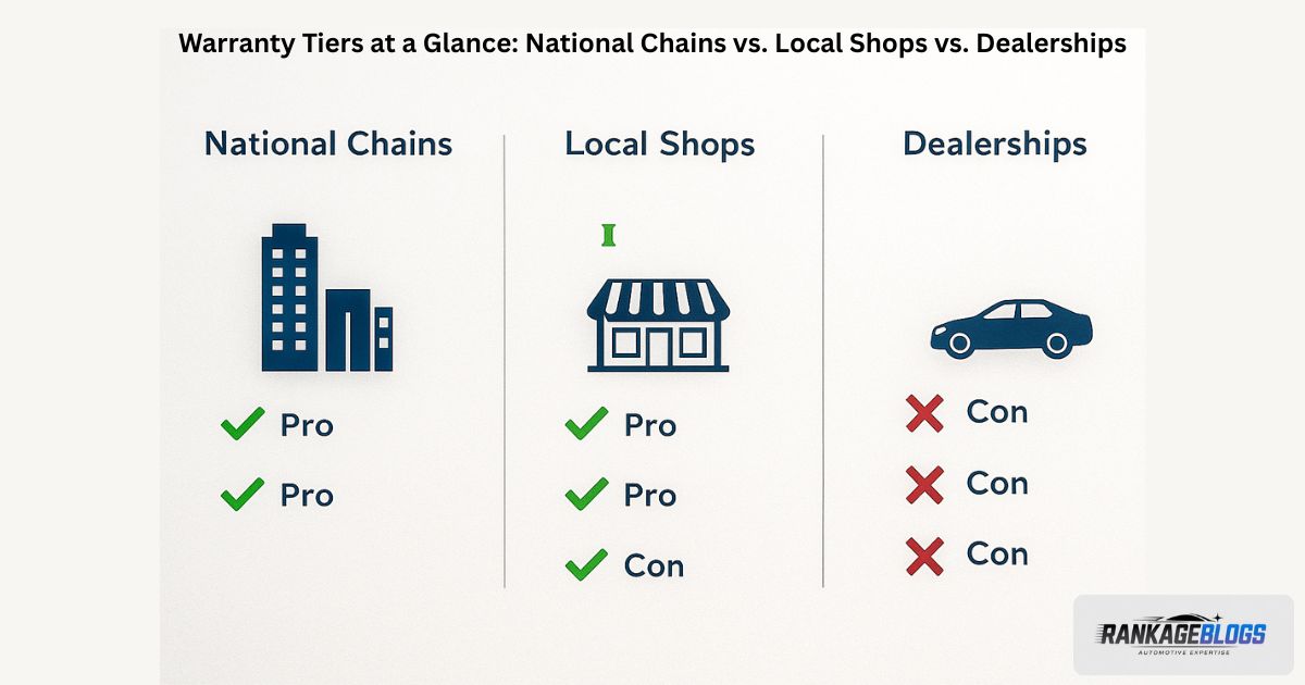 Infographic table comparing warranty tiers of National Chains, Local Shops, and Dealerships.