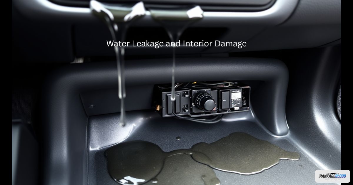 Water damage to vehicle electronics from a leaking windshield seal.