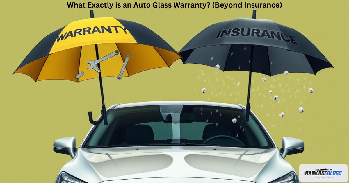 A car under two umbrellas labeled Warranty and Insurance.
