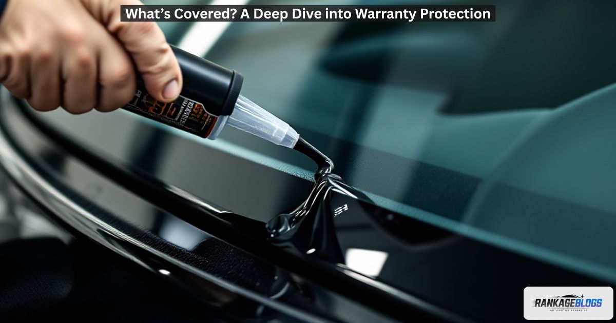 Close-up of a technician's hands applying urethane adhesive to a windshield frame.