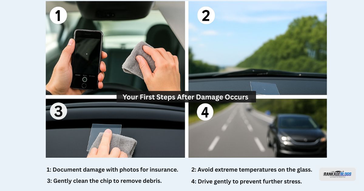 Collage showing the four immediate steps to take after windshield damage occurs. 